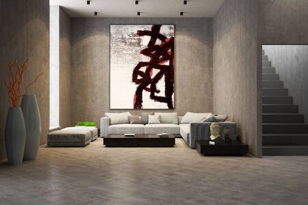 large luxury modern bright interiors Living room mockup illustration 3D rendering computer digitally...