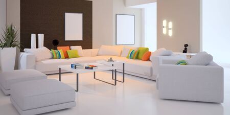 large luxury modern bright interiors Living room mockup illustration 3D rendering computer digitally...