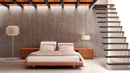 Modern bright bed room interiors 3D rendering illustration computer generated image