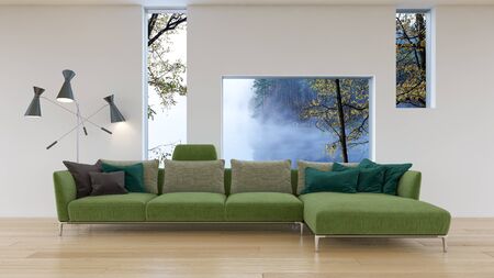 Large luxury modern bright interiors Living room mockup illustration 3D rendering computer digitally...