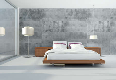 Modern bright bed room interiors 3D rendering illustration computer generated image