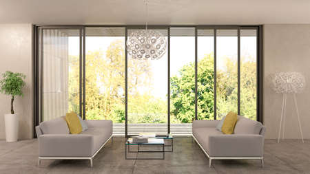 Large luxury modern bright interiors Living room mockup illustration 3D rendering computer digitally...