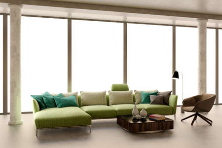 Large luxury modern bright interiors Living room mockup illustration 3D rendering computer digitally...