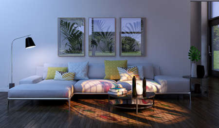Large luxury modern bright interiors Living room mockup illustration 3D rendering computer digitally...