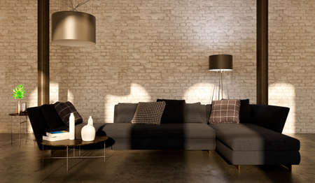 Large luxury modern bright interiors Living room mockup illustration 3D rendering computer digitally...