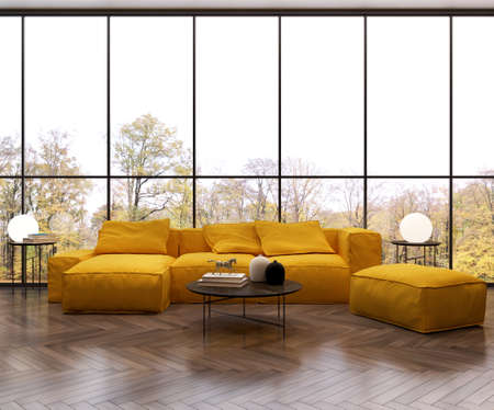 Large luxury modern bright interiors Living room mockup illustration 3D rendering computer digitally generated imageの写真素材