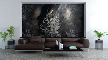 Large luxury modern bright interiors Living room mockup illustration 3D rendering computer digitally...