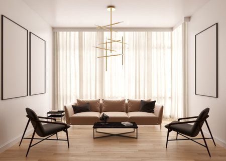 Large luxury modern bright interiors Living room mockup illustration 3D rendering computer digitally...