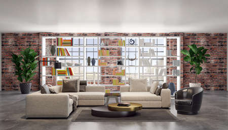Large luxury modern bright interiors Living room mockup illustration 3D rendering computer digitally...
