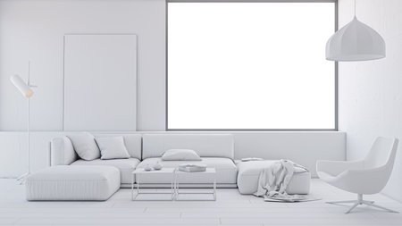 Illustration 3D rendering large luxury modern bright interiors Living room mockup computer digitally generated imageの写真素材