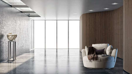 Illustration 3D rendering large luxury modern bright interiors Living room mockup computer digitally...