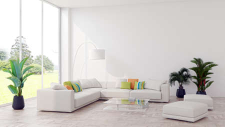 Illustration 3D rendering large luxury modern bright interiors Living room mockup computer digitally...
