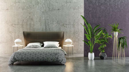 Modern bright bed room interiors 3D rendering illustration computer generated imageの写真素材