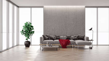 Illustration 3D rendering large luxury modern bright interiors Living room mockup computer digitally...