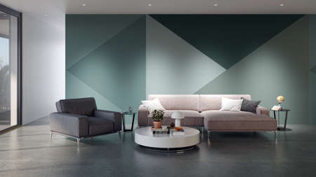 Illustration 3D rendering large luxury modern bright interiors Living room mockup computer digitally...