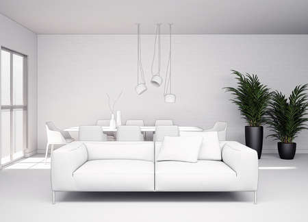 Illustration 3D rendering large luxury modern bright interiors Living room with stair, mockup...