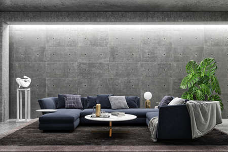 Illustration 3D rendering large luxury modern bright interiors Living room mockup computer digitally...