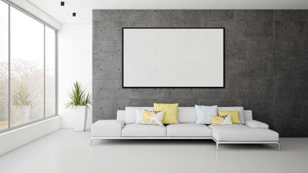 Illustration 3D rendering large luxury modern bright interiors Living room with frames mockup computer digitally generated imageの写真素材