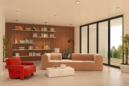 Illustration 3D rendering large luxury modern bright interiors Living room mockup computer digitally...