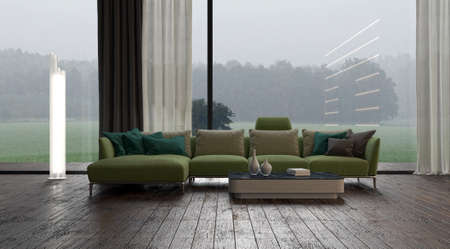 Illustration 3D rendering large luxury modern bright interiors Living room mockup computer digitally...