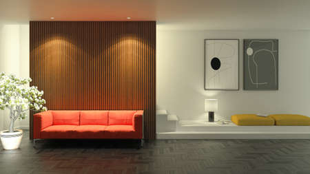 Illustration 3D rendering large luxury modern bright interiors Living room mockup computer digitally...