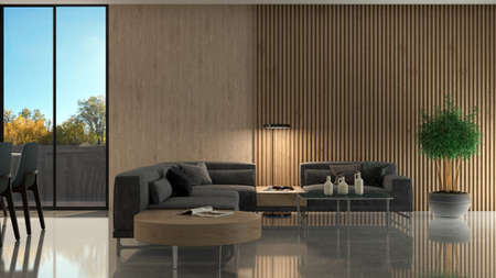 Illustration 3D rendering large luxury modern bright interiors Living room mockup computer digitally...
