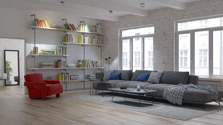 Illustration 3D rendering large luxury modern bright interiors Living room mockup computer digitally...