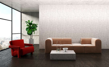 Illustration 3D rendering large luxury modern bright interiors Living room mockup computer digitally...