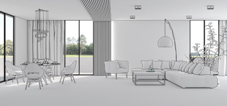 Illustration 3D rendering large luxury modern bright interiors Living room mockup computer digitally generated imageの写真素材
