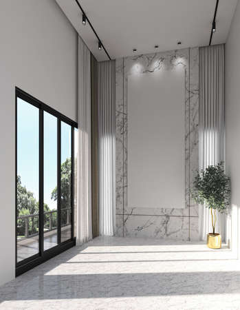 Illustration 3D rendering large luxury modern bright interiors Living room mockup computer digitally...
