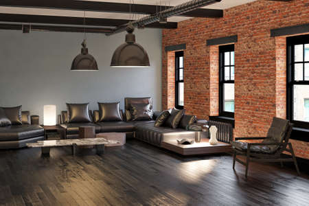 Illustration 3D rendering large luxury modern bright interiors Living room mockup computer digitally...