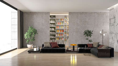 Illustration 3D rendering large luxury modern bright interiors Living room mockup computer digitally generated imageの写真素材