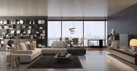 Illustration 3D rendering large luxury modern bright interiors Living room mockup computer digitally...