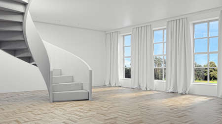 Illustration 3D rendering large luxury modern bright interiors Living room mockup computer digitally...