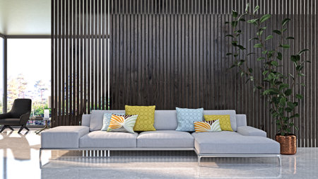 Illustration 3D rendering large luxury modern bright interiors Living room mockup computer digitally...