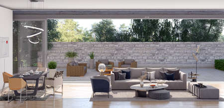 Illustration 3D rendering large luxury modern bright interiors Living room mockup computer digitally...