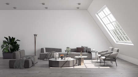 Illustration 3D rendering large luxury modern bright interiors Living room mockup computer digitally...
