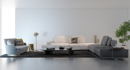 Illustration 3D rendering large luxury modern bright interiors Living room mockup computer digitally...