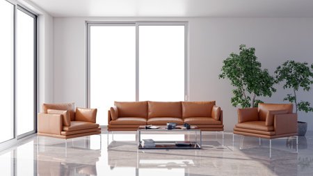 Illustration 3D rendering large luxury modern bright interiors Living room mockup computer digitally...