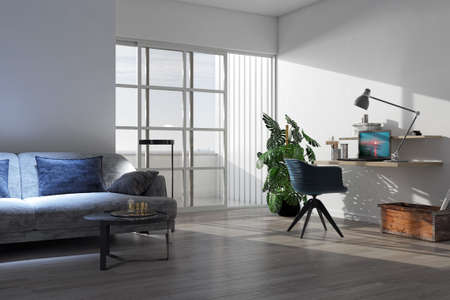 Illustration 3D rendering large luxury modern bright interiors Living room mockup computer digitally...