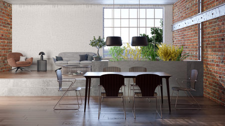 Illustration 3D rendering large luxury modern bright interiors Living room mockup computer digitally...