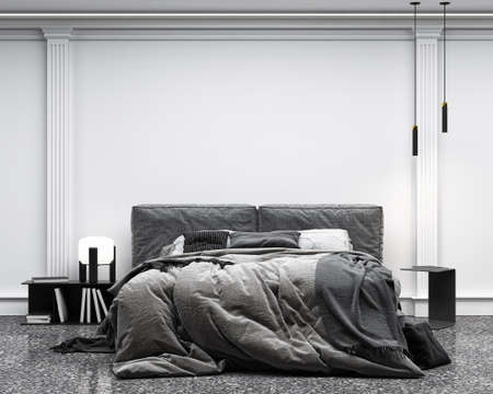 Modern bright bed room interiors 3D rendering illustration computer generated image
