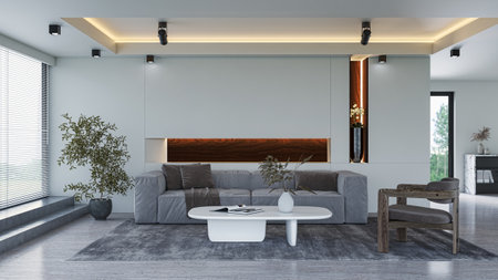 Illustration 3D rendering large luxury modern bright interiors Living room mockup computer digitally...