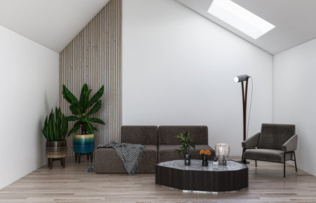 Illustration 3D rendering large luxury modern bright interiors Living room mockup computer digitally...