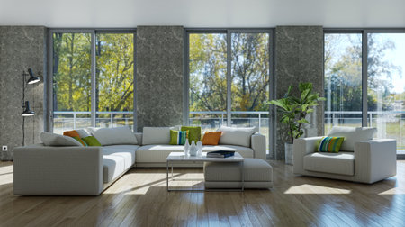 Illustration 3D rendering large luxury modern bright interiors Living room mockup computer digitally generated imageの写真素材