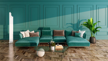 Interior of modern living room with green walls, green sofa and wooden floor. 3d rendering