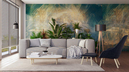 Large luxury modern bright interiors Living room mockup illustration 3D rendering image