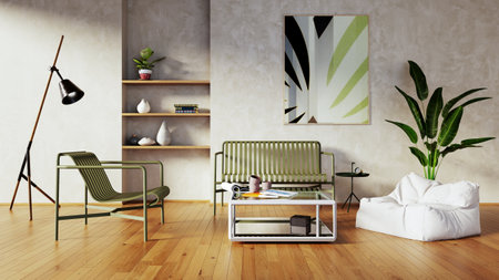 Large luxury modern bright interiors Living room mockup illustration 3D rendering image