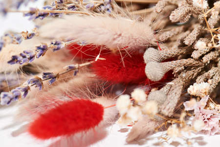 bouquets of dried flowers with ribbon for Valentine's Day on white backgroundの写真素材