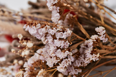 bouquets of dried flowers with ribbon for Valentine's Day on white backgroundの写真素材